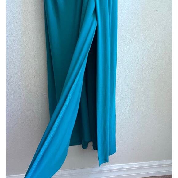 Lauren Ralph Lauren Turquoise V-Neck Drape Ruched Formal Cocktail Midi Dress 4 - Picture 6 of 8